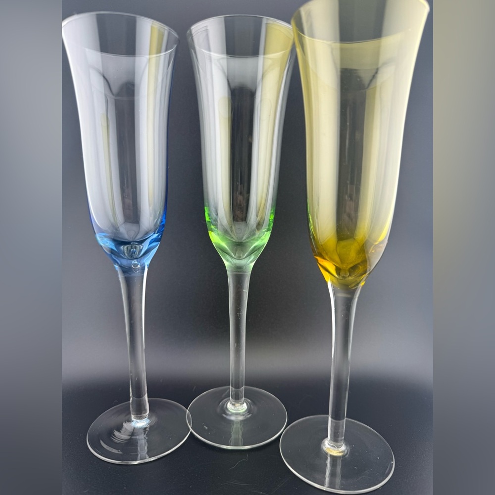 3 champagne flutes. Green, yellow and blue. 6oz. 9”H